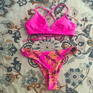 Kamoni Neon Pink Spaghetti Strap V Neck Tropical Print Triangle Low Waist Bikini